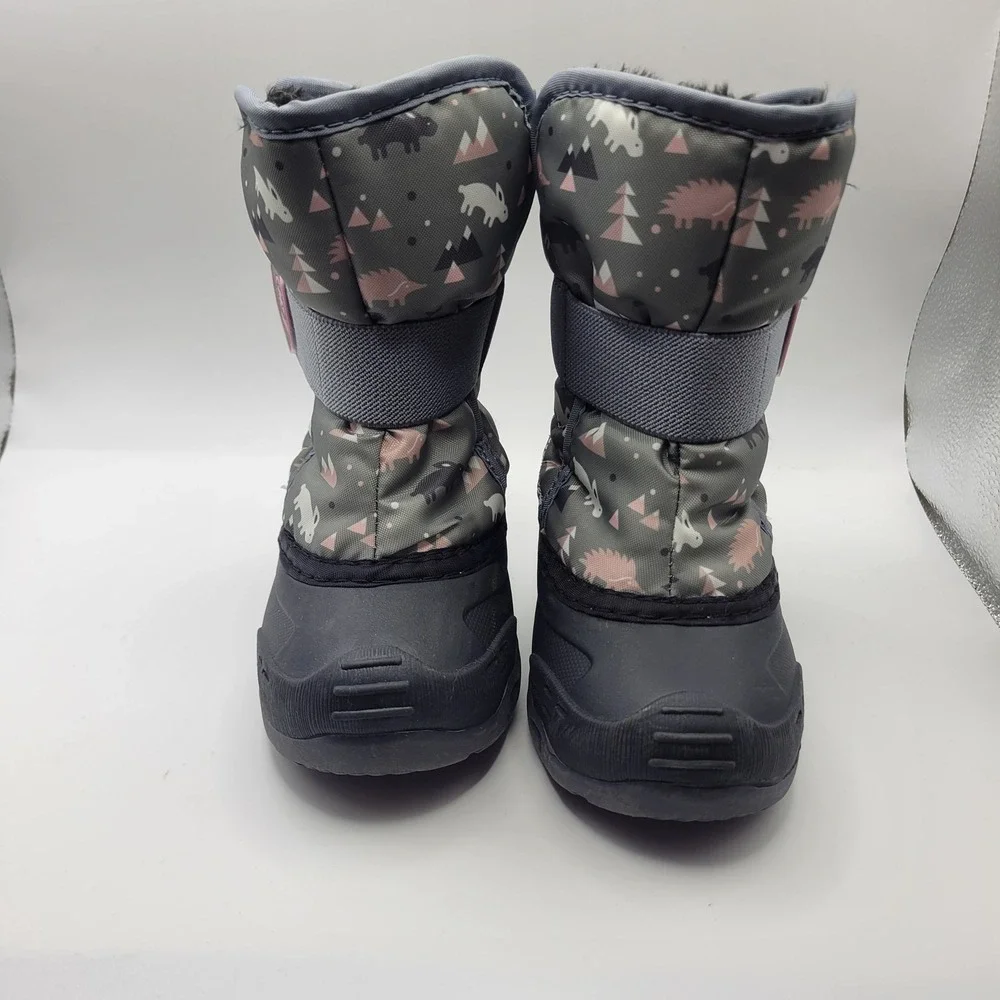Kamik Snowbug 6 Kids Winter Boots Grey Pink Woodland Print Waterproof Size 8 US